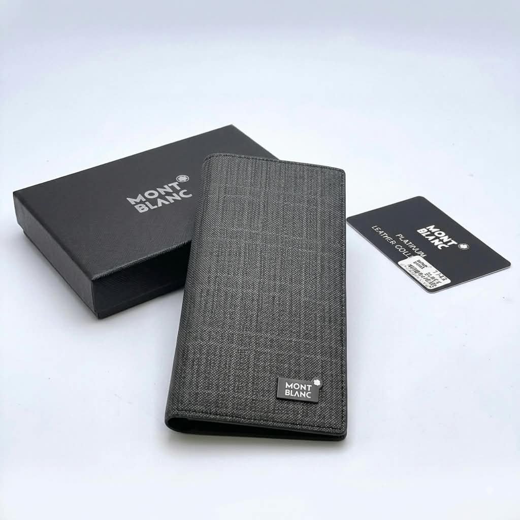 Mont Blanc Platinum Leather Collection Men's Long Wallet - Gray Fabric Texture with Metal Logo - Premium Gift Box